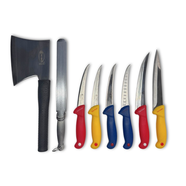 Set Profesional de Cutite pentru Macelarie – 6 Cutite, Satar si Masat
