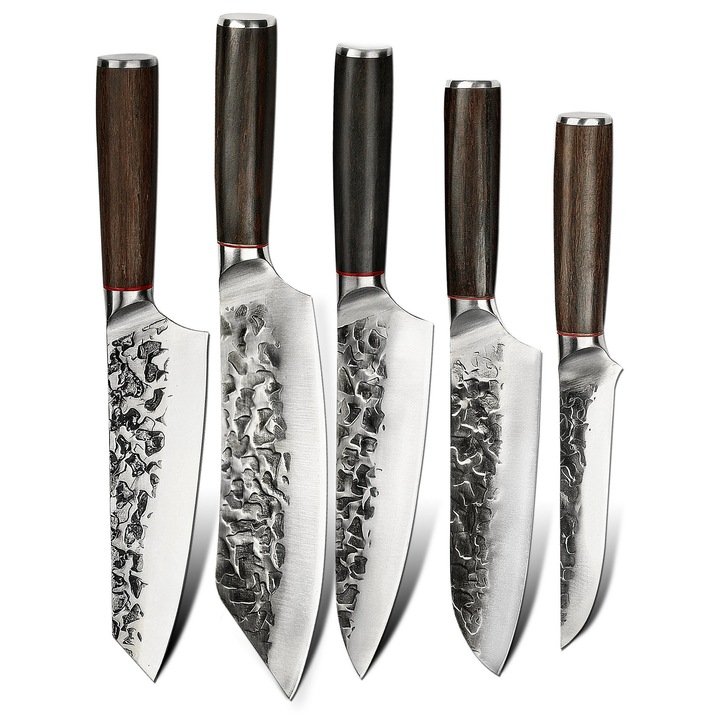 Set 5 Cutite Bucatarie NEOSOR, Santoku, Kiritsuke, Chef, Dezosare, Macelarie Otel Inoxidabil 5Cr15MoV, Duritate 58±2 HRC, Ascutire Manuala 15°-18°, Design Japonez Full-Tang, Maner din Lemn Wenge, Forjare Artizanala, Carne/Legume/Peste/Paine/Fructe/Feliere