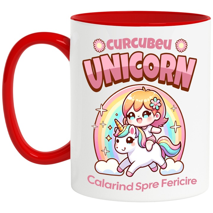 Boldog arcú bögre Rainbow Multicolor Unikornison, Boldogságig lovagló szöveg, Kerámia, 330 ml, piros fogantyúval