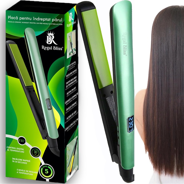 Placa de indreptat parul, Regal Bliss ® cu invelis ceramic si incalzire rapida in 30 secunde si ajustabila pana la 230 de grade, control inteligent cu 5 nivele de temperatura, pentru toate tipurile de par, Afisaj LCD, Cablu lung 1.7m, Putere 45W, Verde