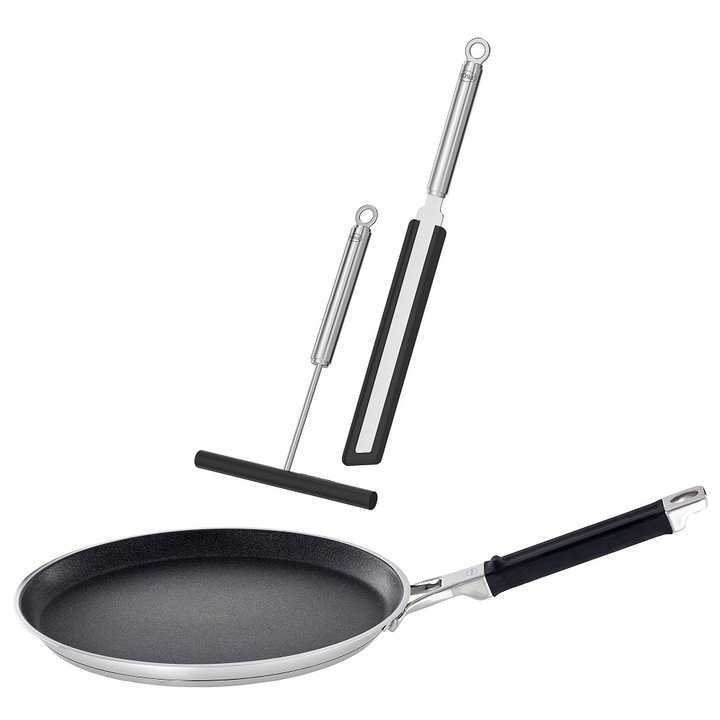 Tigaie profesionala si accesorii pentru clatite Rosle, Silence Pro, Ø 28 cm, compatibila cu toate sursele de caldura inclusiv cuptor, otel inoxidabil, strat anti-aderent ProResist, interior din aluminiu, include spatula si distribuitor aluat, inox