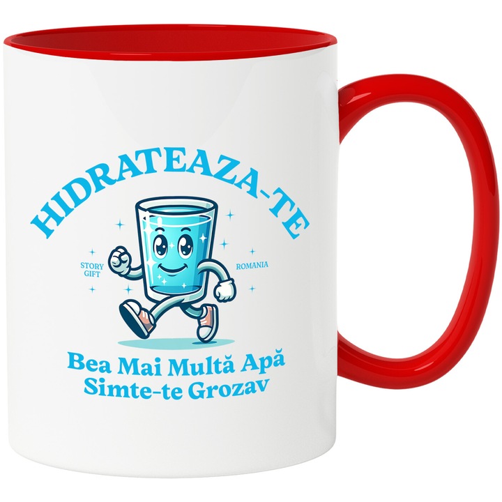 Cana cu Pahar Mergator Vesel Text Hidrateaza te Bea Mai Multa Apa, Ceramica, 330ML, cu Maner Rosu