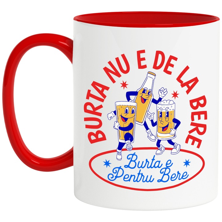 Cana cu pahar Halba si Sticla DE Bere Petrecere Distractie Ring De Dans Text Burta Nu E De La Bere Burta e Pentru Bere, Ceramica, 330ML, cu Maner Rosu