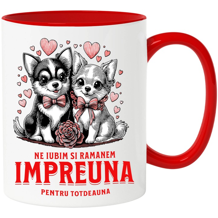 Cana cu Portret Cuplu Caini Cu Funde Rosii Text Ne Iubim Si Ramanem Impreuna, Ceramica, 330ML, cu Maner Rosu