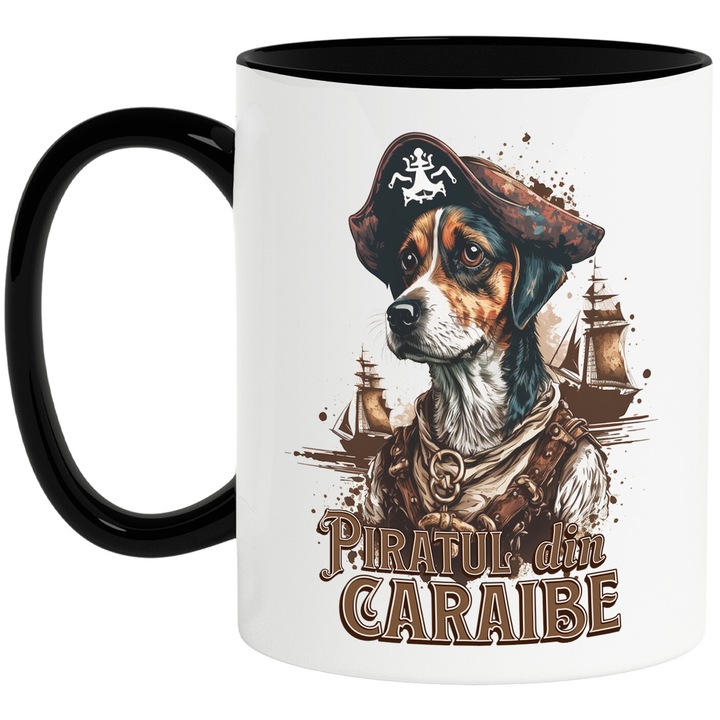 Bögre kutyaportréval, kalózkalappal, Karib-tenger kalózai szöveggel, kerámia, 330 ml, fekete fogantyúval