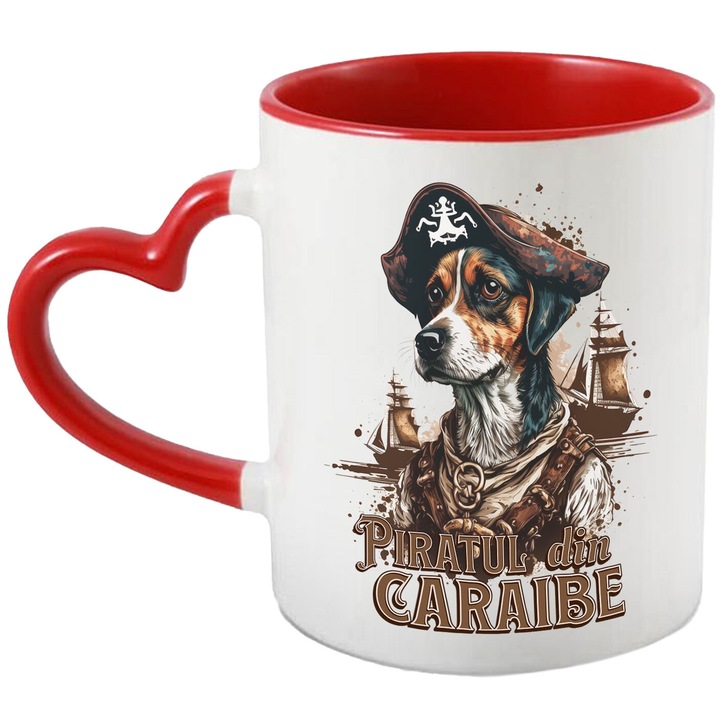 Bögre kutyaportréval, kalózkalappal, Karib-tenger kalózai szöveggel, kerámia, 330 ml, piros szív fogantyúval
