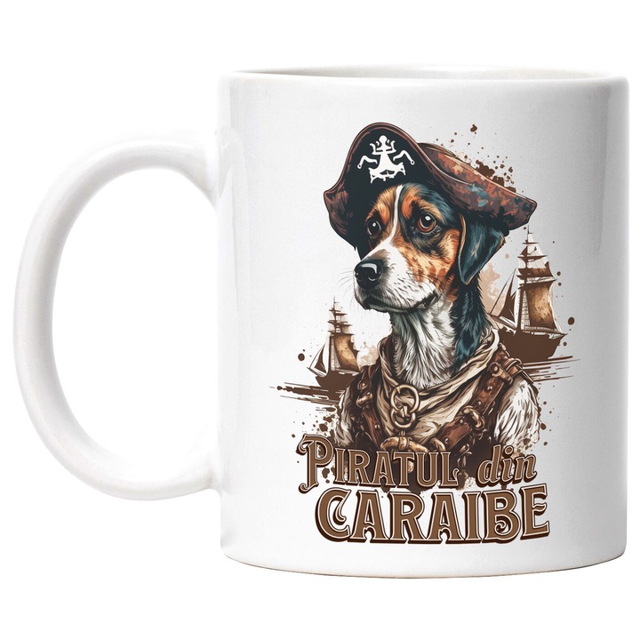 Bögre kutyaportréval, kalózkalappal, Karib-tenger kalózai szöveggel, kerámia, 330 ml, fehér fogantyúval