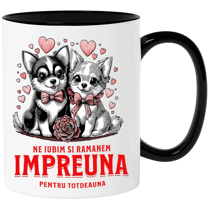 Cana cu Portret Cuplu Caini Cu Funde Rosii Text Ne Iubim Si Ramanem Impreuna, Ceramica, 330ML, cu Maner Negru