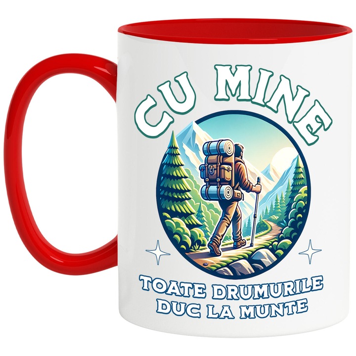 Cana cu Barbat Pe Carare Munte Text Cu Mine Toate drumurile Duc la Munte Natura, Ceramica, 330ML, cu Maner Rosu
