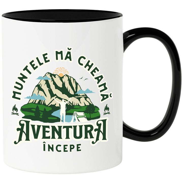 Cana cu Munte Inalt Silueta barbat Cu Cortul Text Muntele ma Cheama Aventura Incepe, Ceramica, 330ML, cu Maner Negru