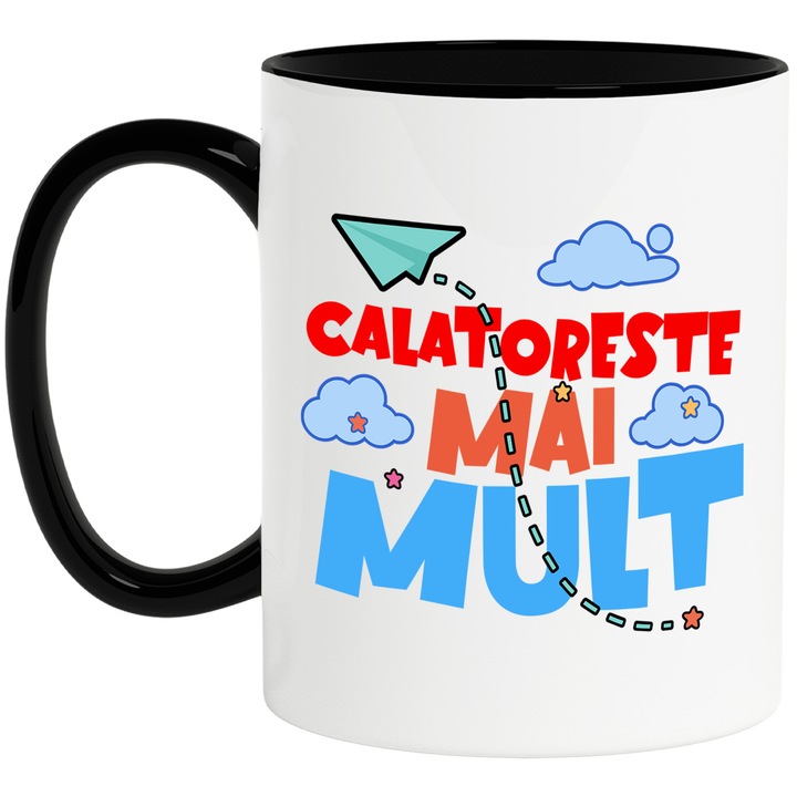 Cana cu Iubitorii De Aventura Text Calatoreste mai Mult Avion de Hartie, Ceramica, 330ML, cu Maner Negru