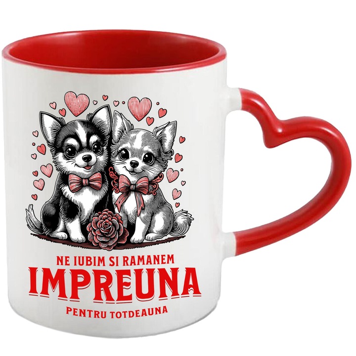 Cana cu Portret Cuplu Caini Cu Funde Rosii Text Ne Iubim Si Ramanem Impreuna, Ceramica, 330ML, cu Maner Inima Rosie