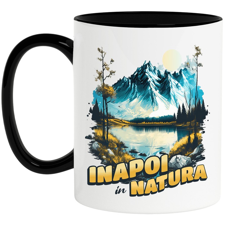 Cana cu Munte Inalt Luna Plina Lac Stralucitor Text Inapoi Natura, Aventura, Hobby, Ceramica, 330ML, cu Maner Negru
