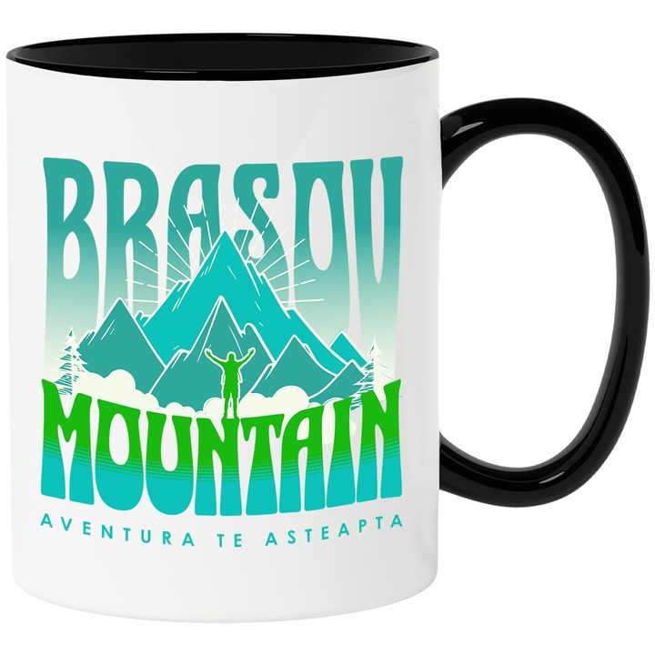 Cana cu Munte Inalt Stanca Silueta umana Aventura Text Brasov Mountain Aventura Te Asteapta, Ceramica, 330ML, cu Maner Negru