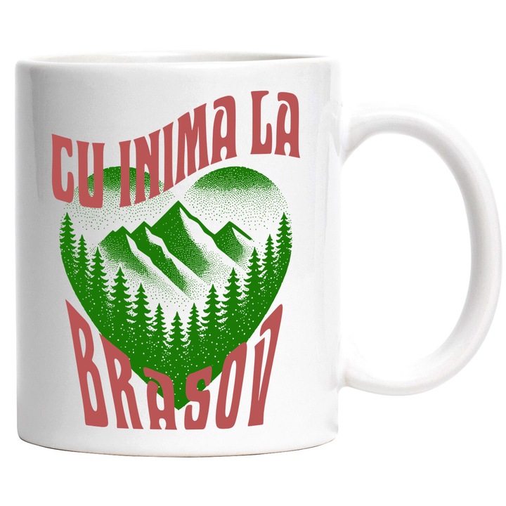 Cana cu Inima Verde Cu Priveliste Montana Padure, Text Cu Inima La Brasov, Ceramica, 330ML, cu Maner Alb