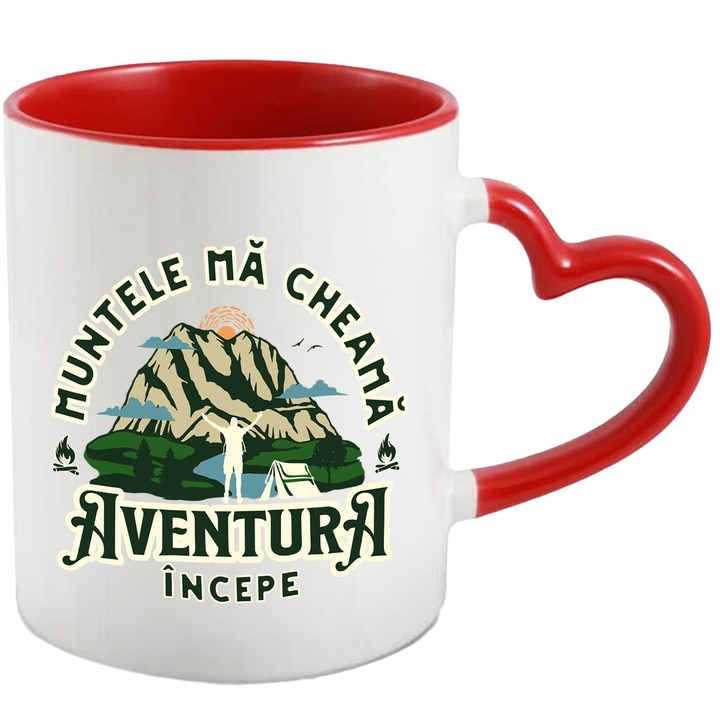 Cana cu Munte Inalt Silueta barbat Cu Cortul Text Muntele ma Cheama Aventura Incepe, Ceramica, 330ML, cu Maner Inima Rosie
