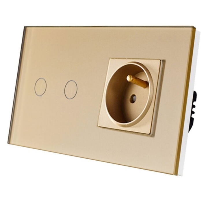 Intrerupator cu dimmer, BSEED, dublu, 2 butoane, culoare aurie, 157x86x9mm