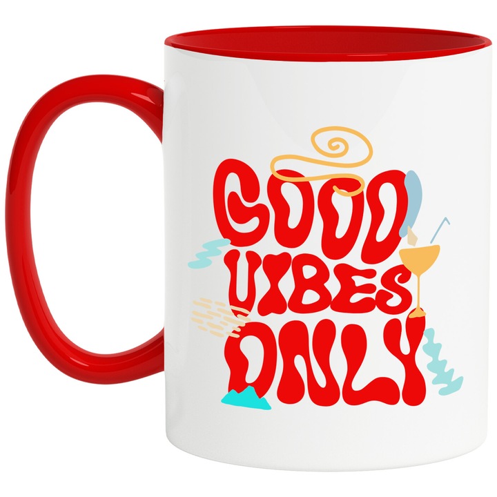 Чаша със странен вдъхновяващ текст Vacation Good Vibes Само чаша за коктейли, керамика, 330 мл, с червена дръжка