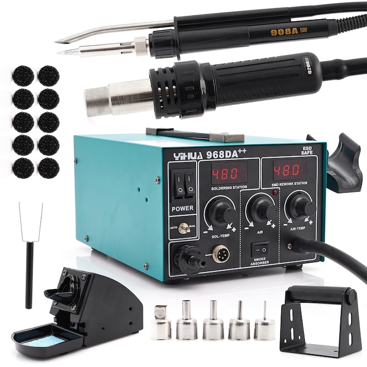 Станция за запояване Yihua 968DA++ 3в1, 70W, със система за поглъщане на горещ въздух и пара, пълен комплект