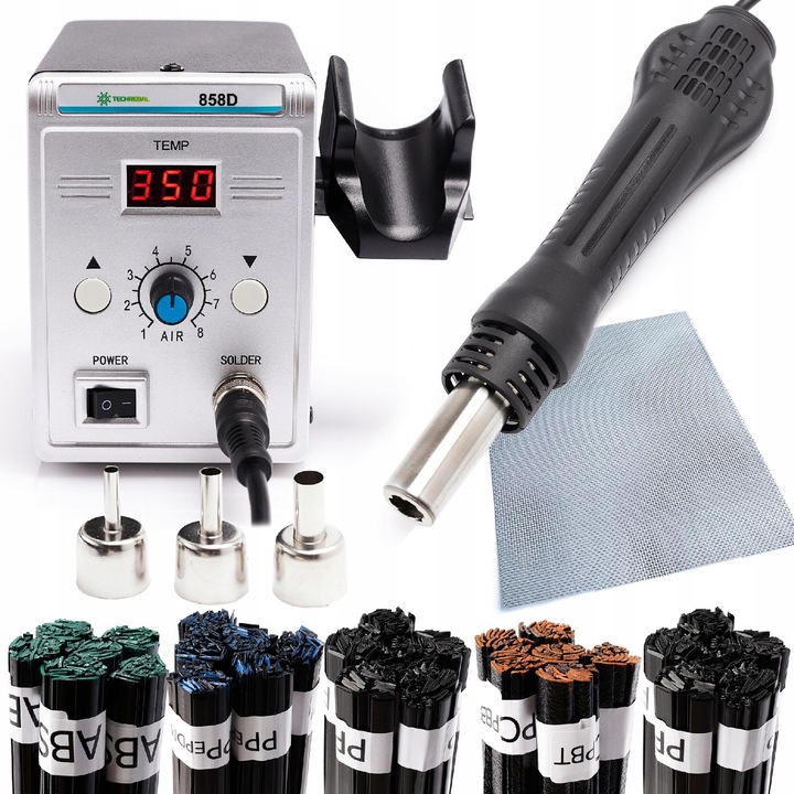 Pistol de lipit Techrebal 858D, 700W, temperatura reglabila 100-500°C, set de 5 rezerve, compact, negru, 15x10x13.8cm