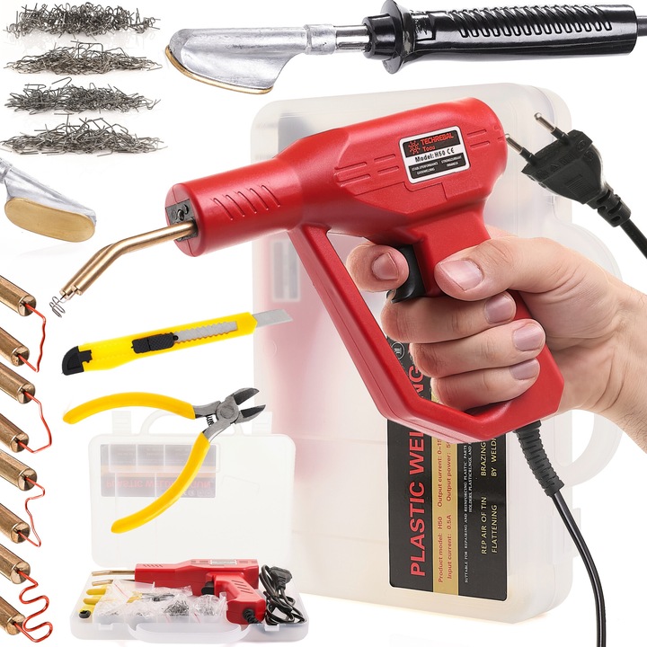 Set pistol de lipit Techrebal, 50W, pentru netezirea plasticului, capsator din plastic H50 + 200 capse, cutit, cleste