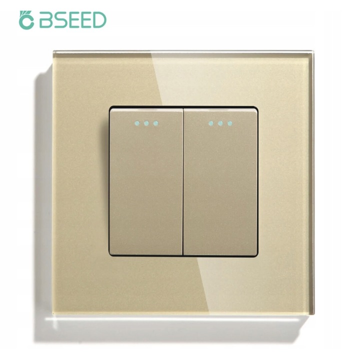 Intrerupator de lumina BSEED, dublu, sticla, 2 butoane, auriu, 86x86x9mm