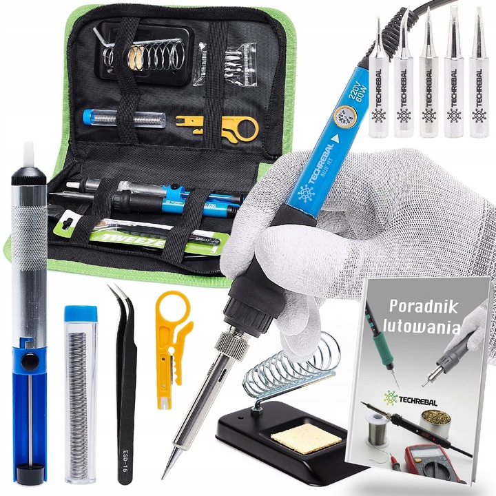 Set de pistol de lipit Techrebal 60W, 13 accesorii, suport stabil, 22x2,3cm