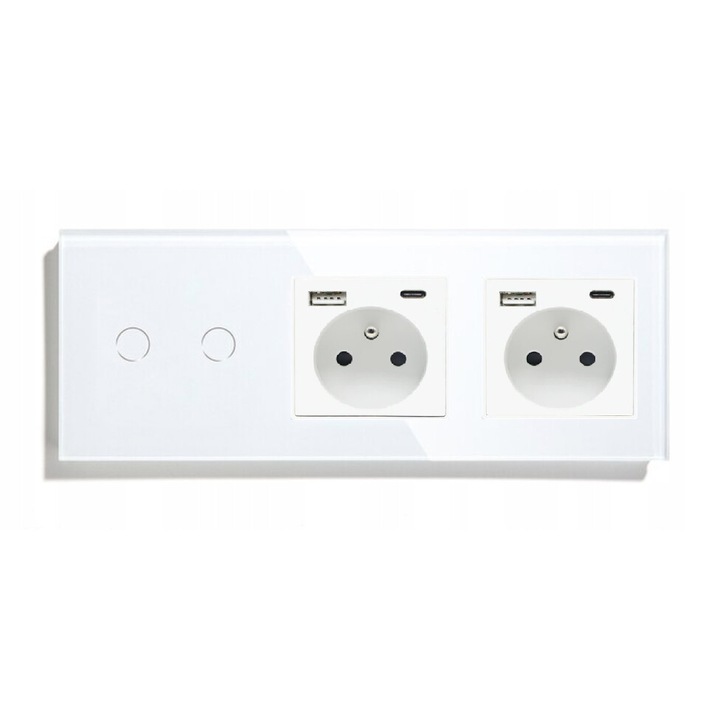 Érintőkapcsoló 2 USB-C aljzattal, KRISTRONIK, üveg, fehér, 229x86x9mm