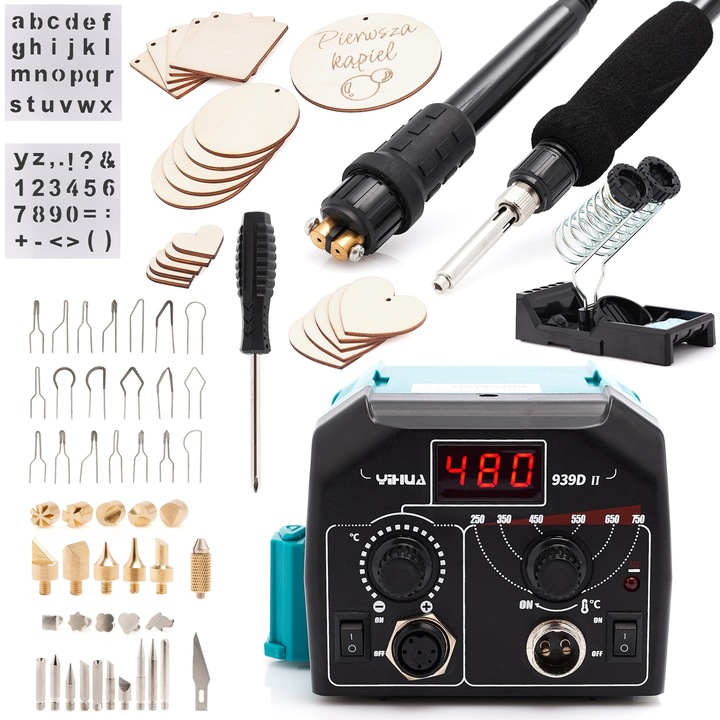 Yihua 939D-II 4в1 пирограф, 46 глави, комплект от 20 форми, 144x125x90mm