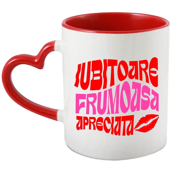 Cana cu Text Bizar Colorat femeie Iubitoare Fericita Apreciata Urme Buze Rosii, Ceramica, 330ML, cu Maner Inima Rosie