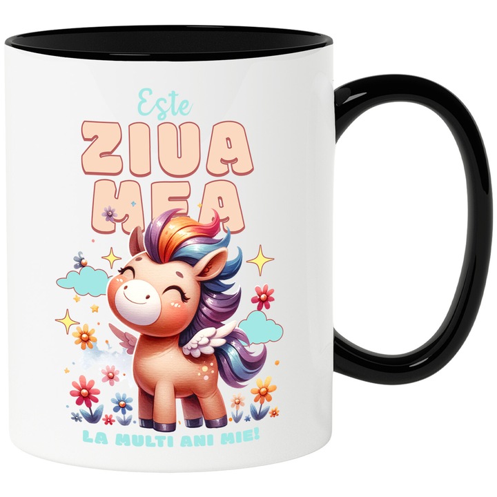 Cana cu Unicorn Vesel Mandru Cu Flori Text Este ziua Mea La multi Ani mie, Ceramica, 330ML, cu Maner Negru