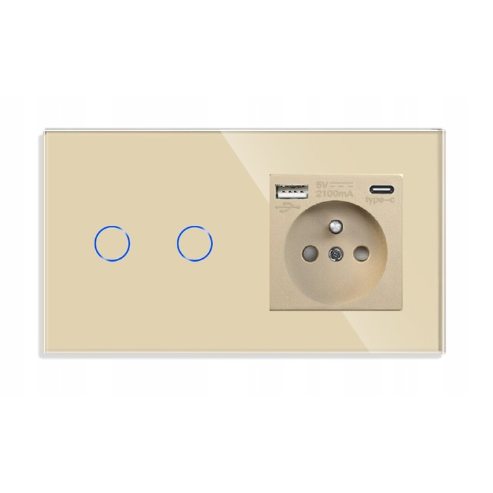 Dupla érintéskapcsoló USB-C aljzattal, BSEED, arany, 2 gomb, 157x86x9mm