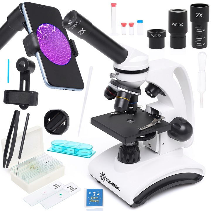 Techrebal BioVision 2000x biológiai mikroszkóp, 3 objektívvel, LED megvilágítással, komplett tartozékkészlettel