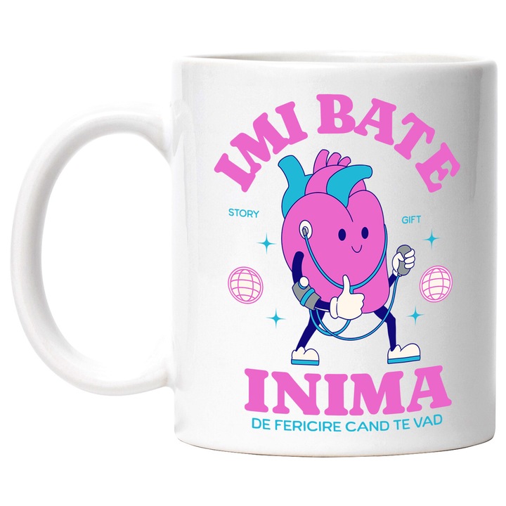 Cana cu Inima Anatomica Cu Pompa medicala Text Imi Bate Inima De Fercicire cand Te vad, Ceramica, 330ML, cu Maner Alb