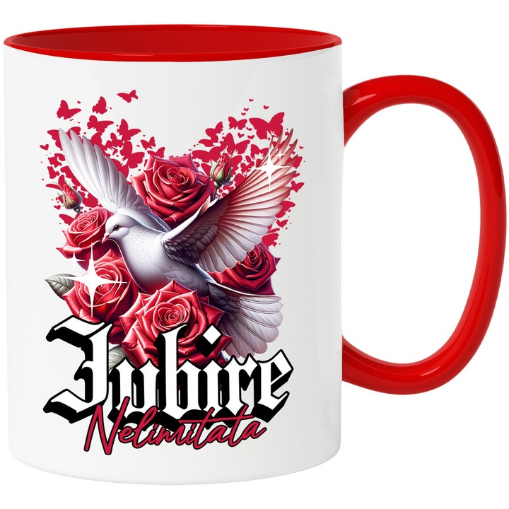 Cana cu porumbel Alb Trandafiri Rosii Text Iubire Nelimitata, Valentine's Day, Ceramica, 330ML, cu Maner Rosu