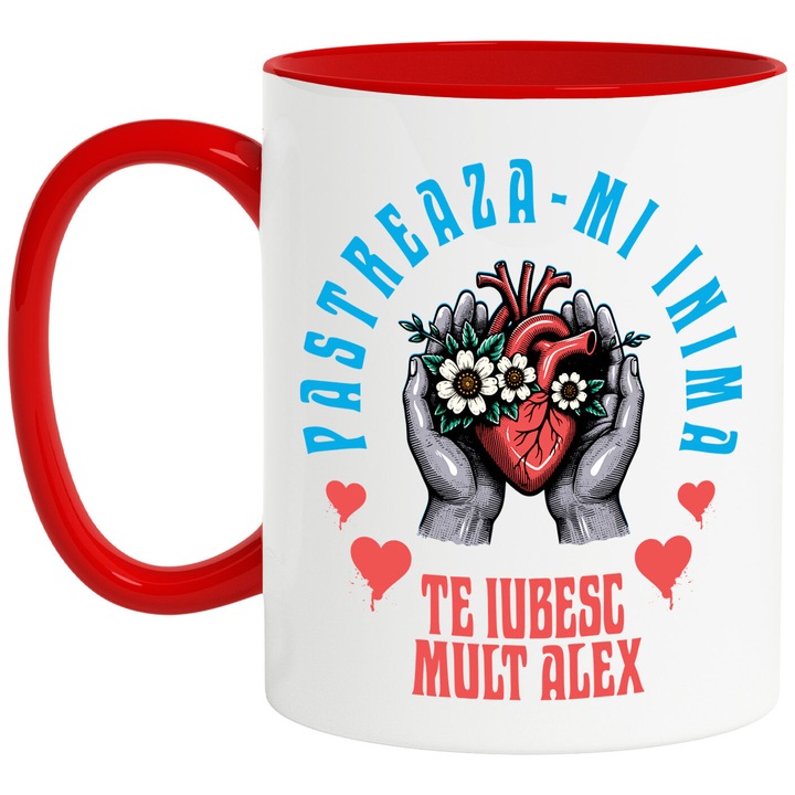 Cana cu Inima Cu Flori Albe in Maini Umane Text Pastreaza-ti Inima Te Iubesc Mult Alex, Ceramica, 330ML, cu Maner Rosu