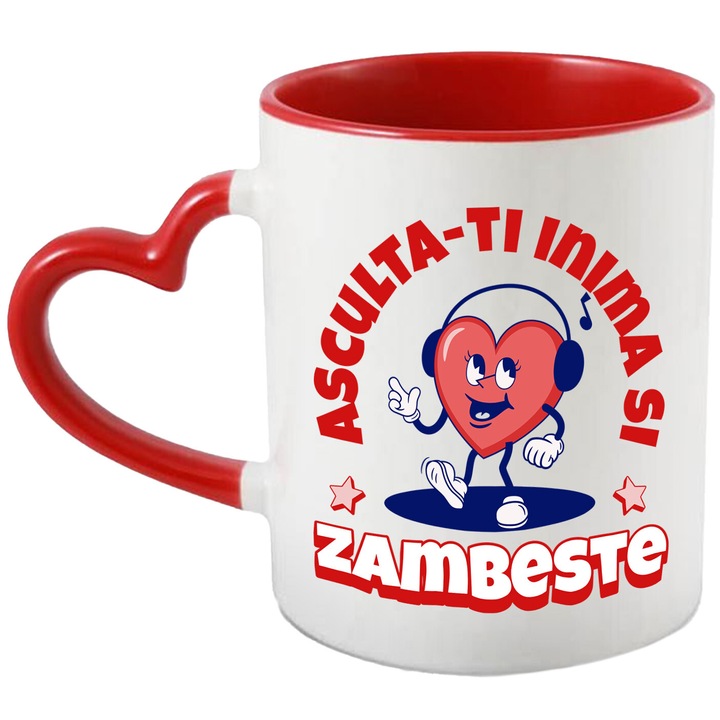 Cana cu Inima vesela cu Casti Audio Text Asculta-ti Inima Si Zambeste, Muzica, Ceramica, 330ML, cu Maner Inima Rosie