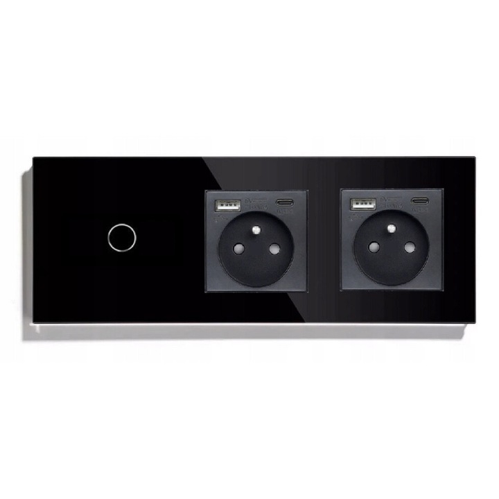 Érintőkapcsoló 2 USB-C aljzattal, KRISTRONIK, üveg, fekete, 229x86x9mm