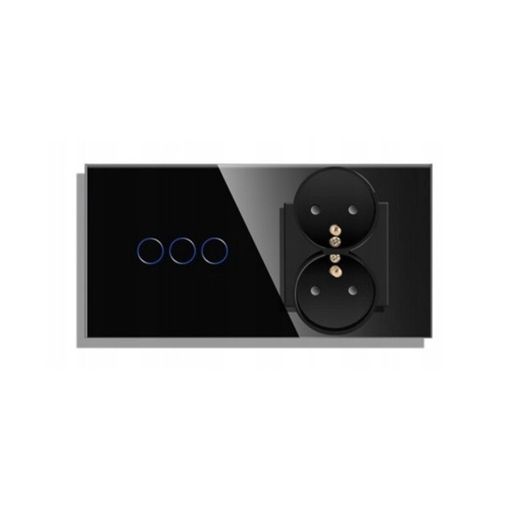 3 gombos kapcsoló, dupla aljzat, BSEED, fekete üveg, 157x86x9mm