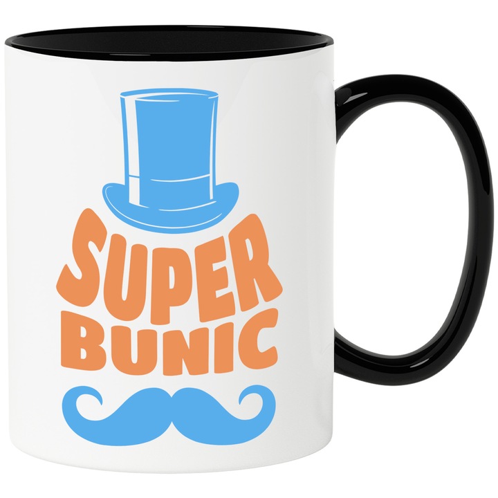 Cana cu Mustata Si Palarie Inalta Text Super Bunic Copii Nepot Familie, Ceramica, 330ML, cu Maner Negru