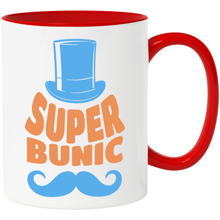 Cana cu Mustata Si Palarie Inalta Text Super Bunic Copii Nepot Familie, Ceramica, 330ML, cu Maner Rosu