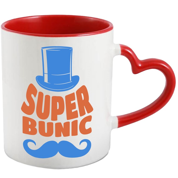 Cana cu Mustata Si Palarie Inalta Text Super Bunic Copii Nepot Familie, Ceramica, 330ML, cu Maner Inima Rosie