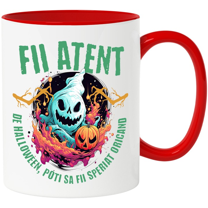 Cana cu Fantoma Horror Dovleac De Hallowen Text Fii Atent De Hallowen poti sa Fii Speriat, Ceramica, 330ML, cu Maner Rosu