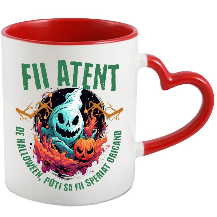 Cana cu Fantoma Horror Dovleac De Hallowen Text Fii Atent De Hallowen poti sa Fii Speriat, Ceramica, 330ML, cu Maner Inima Rosie