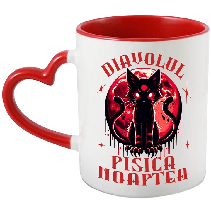 Cana cu Pisica Horror Cu Ochii Rosii Luna Plina Text Diavolul Pisica Noaptea, Ceramica, 330ML, cu Maner Inima Rosie