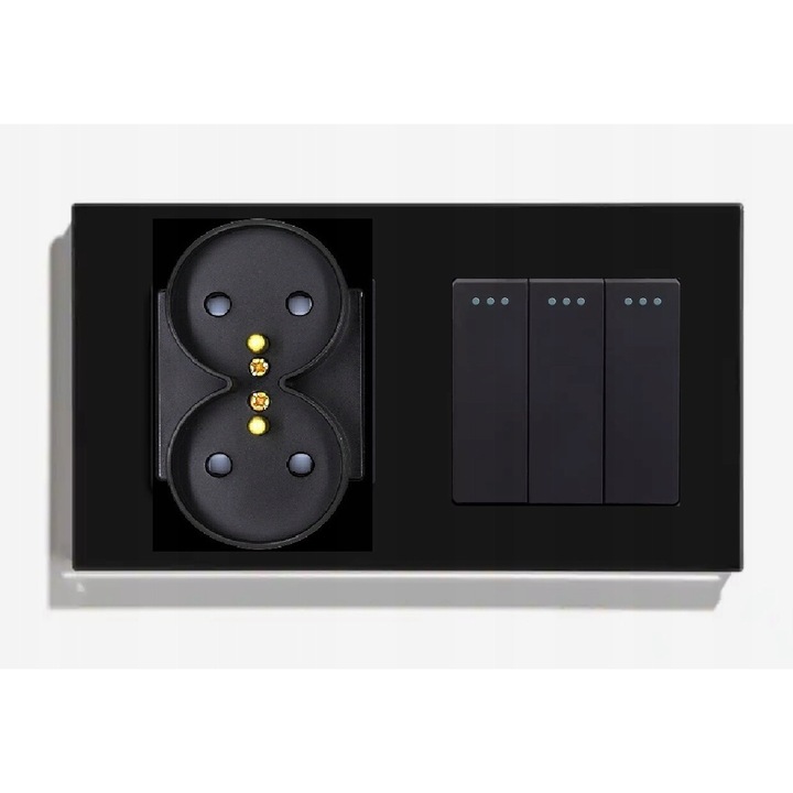 Intrerupator mecanic triplu cu priza dubla, BSEED, sticla neagra, 157x86x9mm