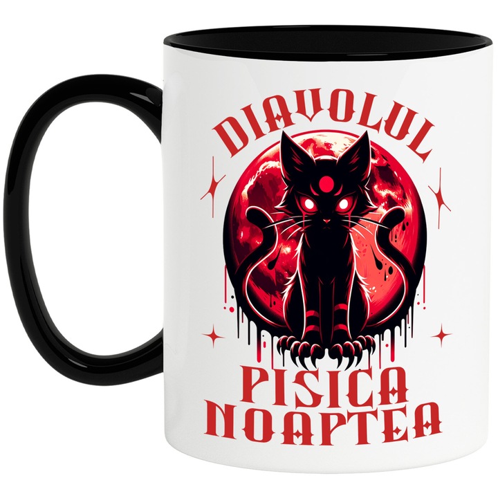 Cana cu Pisica Horror Cu Ochii Rosii Luna Plina Text Diavolul Pisica Noaptea, Ceramica, 330ML, cu Maner Negru
