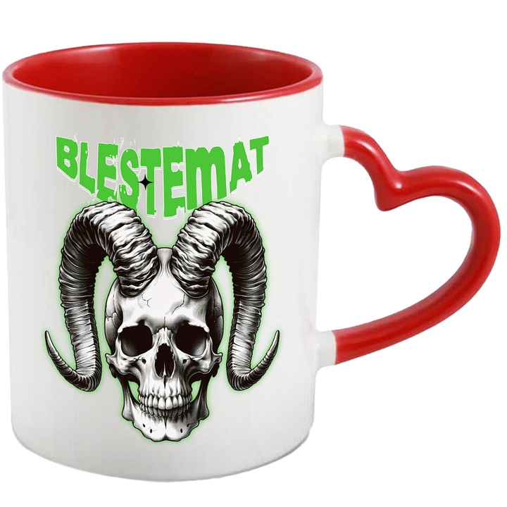 Cana cu Craniu Uman Mort Cu Coarne Lungi Text Blestemat Hallowen,, Ceramica, 330ML, cu Maner Inima Rosie
