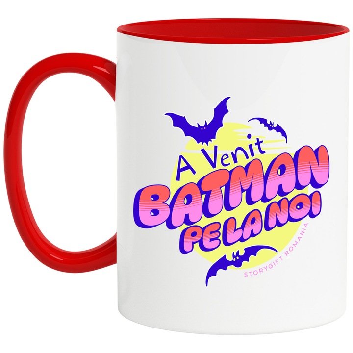 Cana cu Lilieci Horror Text A Venit Batman Pe La Noi Hallowen, Ceramica, 330ML, cu Maner Rosu