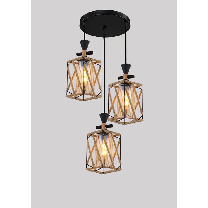 Pendul Rustic RFAN, Model 5703-3, cu Abajuri, 3 x E27, Inaltime Reglabila, Negru